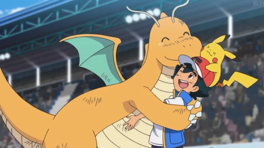 Dragonite abraçando Ash