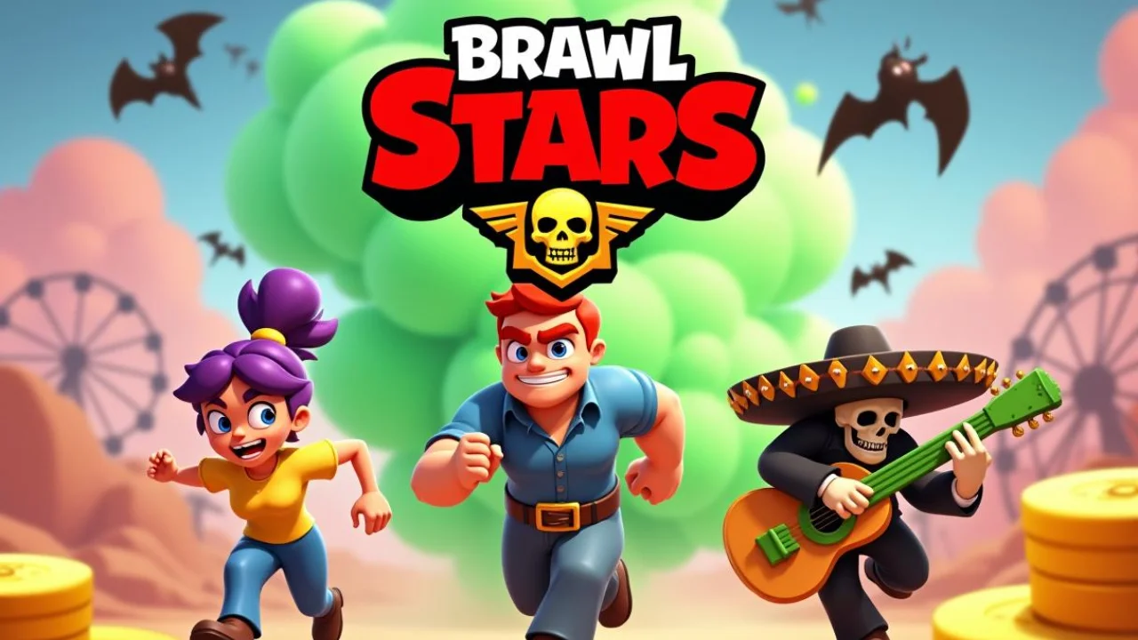 Immagine promozionale per il gioco Brawl Stars, con personaggi animati che corrono in un ambiente desertico con monete d'oro, pipistrelli volanti e una ruota panoramica sullo sfondo.